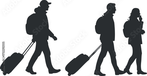 Silhouettes of travelers walking with luggage showcasing movement and exploration.