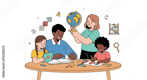 Diverse Group of Children and Adults Studying Together.