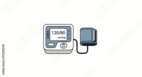 Digital Blood Pressure Monitor with Cuff and Display Showing 120-80 Reading.