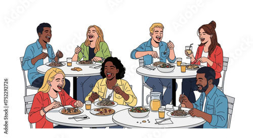 Diverse group of friends enjoying a meal together at a cafe.