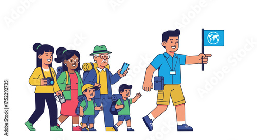 Group of Tourists Following a Tour Guide with Flag.