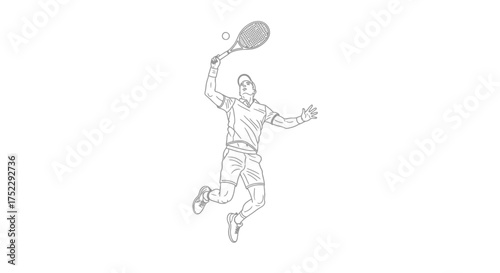 Dynamic Tennis Player in Mid-Air Serve Action Line Art Illustration.