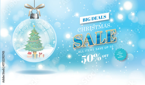 Christmas Sale Banner with Glass Ball Ornament and Holiday Tree Background