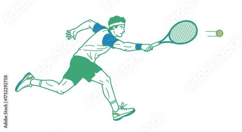 Dynamic line art illustration of a male tennis player hitting a forehand.