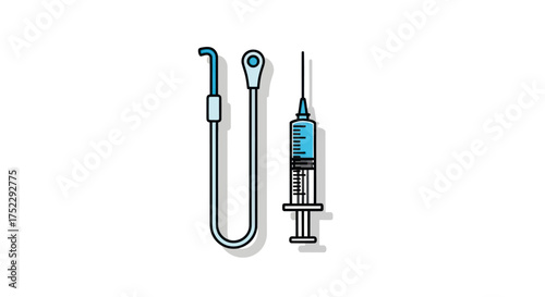 Cartoon Medical Syringe with Blue Liquid and Dental Curing Light Illustration.