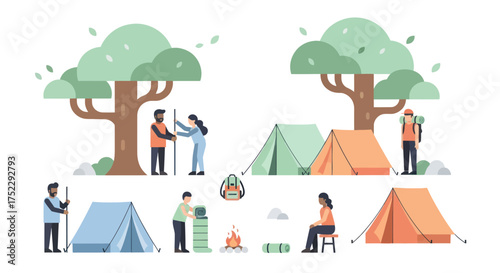 A collection of flat vector illustrations showing people camping and hiking in nature with tents trees and outdoor equipment.