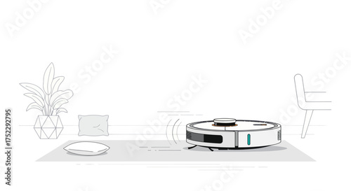 Modern White Robot Vacuum Cleaner Cleaning a Rug.