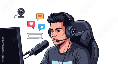 Young male gamer and streamer with headphones and microphone broadcasting live content with social media icons.