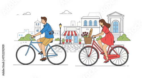 Couple cycling through a charming European town with shops and buildings.