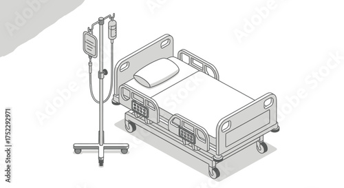 Hospital bed with IV drip stand in a clean medical setting.