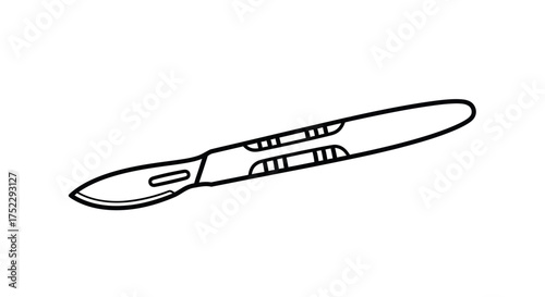 Simple black and white line art illustration of a surgical scalpel with a sharp blade.