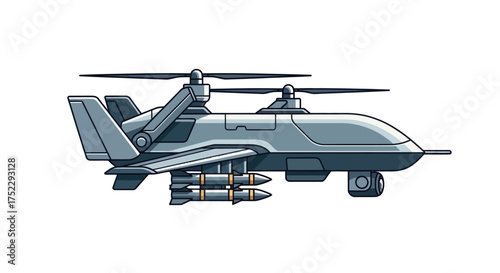 Military Drone Aircraft with Twin Rotors and Missiles Side View.