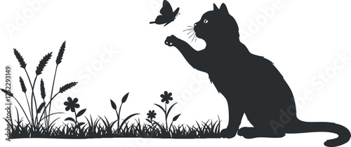 A playful silhouette of a cat observing a butterfly surrounded by flowers and grass.