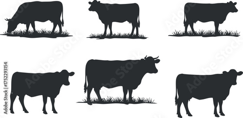 A collection of cow silhouettes grazing in a grassy field, ideal for farm and agriculture themes.