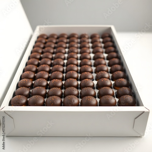 A captivating array of delicious artisanal dark chocolate bonbons neatly arranged in an elegant white presentation box, perfect for gourmet gift-giving or a luxurious sweet indulgence