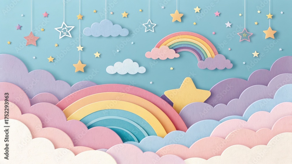Obraz premium Pastel cloud and starry sky frame background. rainbow with clouds, abstract background with clouds
