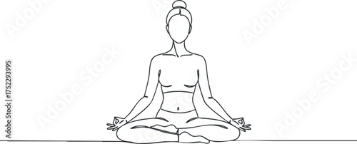 A minimalist line drawing of a woman in a meditative yoga pose promoting peace and mindfulness.
