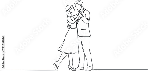 A minimalist line drawing of a couple dancing in a romantic and elegant manner.