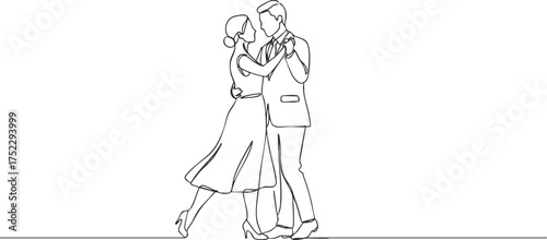 A minimalist line art illustration of a couple dancing together in an elegant pose.