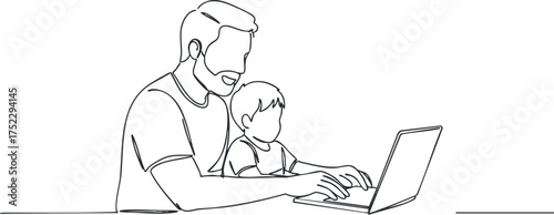 A father and son engaged in a learning activity together using a laptop.