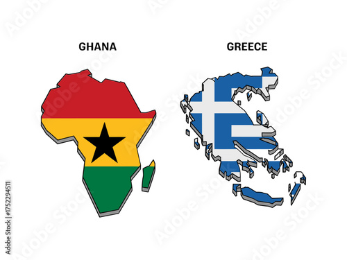 Ghana and Greece maps, side by side, national flags overlay, comparative geography design, educational infographic element, vector illustration