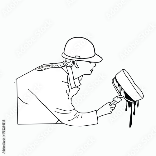 Skilled Construction Worker in Safety Helmet Applying Fresh Paint with Roller on Large Surface