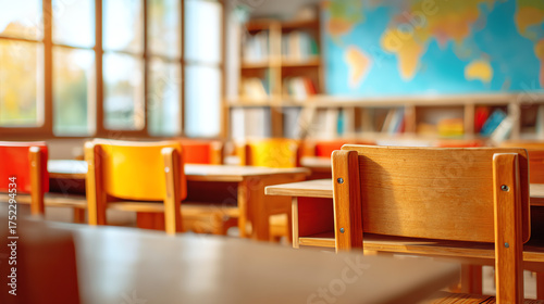 A quiet classroom setting with colorful chairs, sunlight streaming in through windows, highlighting a world map on the wall.