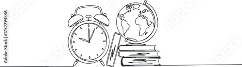 A minimalist line art illustration featuring an alarm clock and a globe with books.