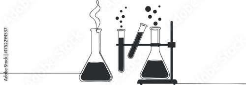Illustration of laboratory glassware with flasks and test tubes featuring bubbling liquids.