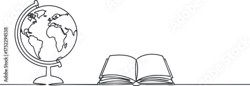 A simple line art illustration featuring a globe and an open book representing education and learning.