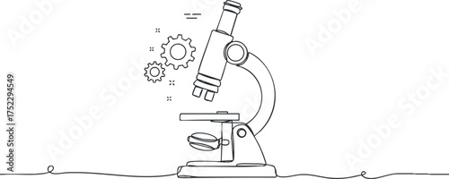 A simple line art illustration of a microscope with gears representing scientific research and analysis.