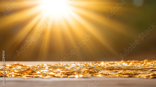 A radiant sun shines over a scattered golden texture, creating a warm and inviting atmosphere perfect for inspiration.