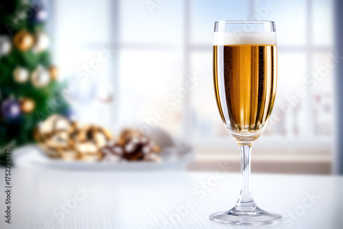 A refreshing glass of golden champagne on a festive table, perfect for celebrations and special occasions, set against a cozy background.