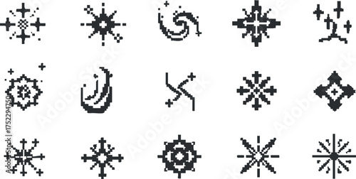 A collection of abstract pixel art symbols featuring stars, snowflakes, and cosmic designs.