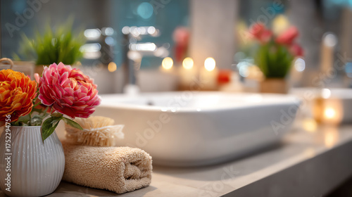 A serene bathroom setting featuring fresh flowers, soft towels, and ambient candles for a relaxing atmosphere.