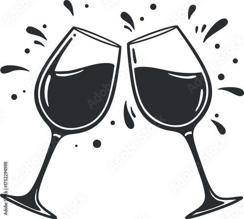 Two wine glasses clinking together in celebration with splashes around them.