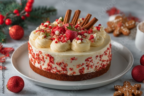 Delicious Holiday Cake Decorated With Festive Toppings on a Light Gray Backgr...