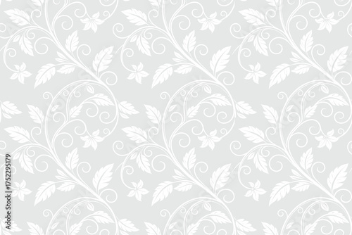 Elegant white floral seamless pattern with delicate vines and leaves, classic ornamental background for luxury wallpaper, textile, wrapping, wedding, and modern decorative design.