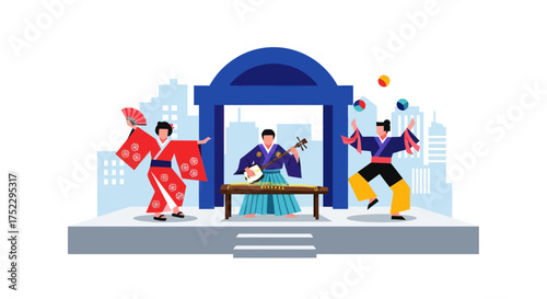 Japanese Performers in Traditional Kimonos on Stage.