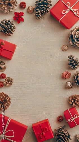 Red Gift Boxes and Pine Cones Arranged for a Festive Holiday Celebration