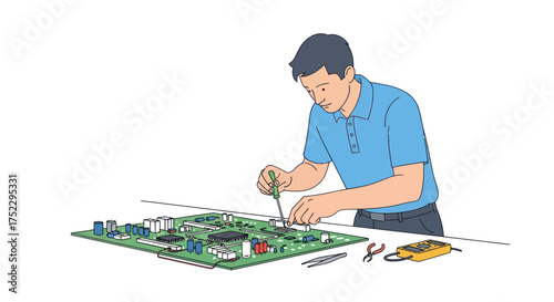 Technician meticulously soldering electronic components on a circuit board with tools.