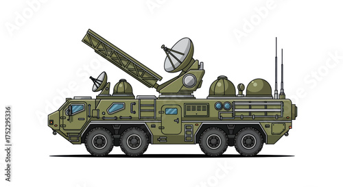 Military Vehicle: Modern Anti-Aircraft Missile System with Radar and Launchers.