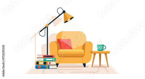A cozy reading nook illustration with a yellow armchair floor lamp and a stack of books.