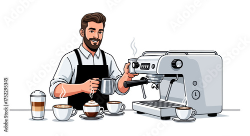 Barista preparing coffee with espresso machine and cups.