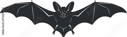 A detailed silhouette of a bat in flight, showcasing its wings and features.