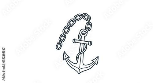 Hand-drawn Anchor with Chain Illustration Nautical Theme Black and White.