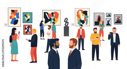 Diverse group of people admiring abstract art at a modern gallery exhibition.