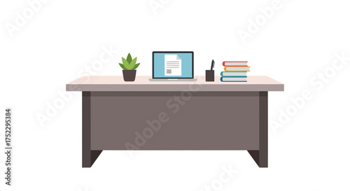 Modern Office Desk with Laptop Books and Plant.