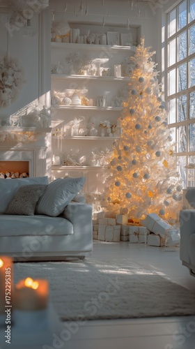 Cozy Holiday Living Room With a Decorated Christmas Tree and Glowing Fireplace