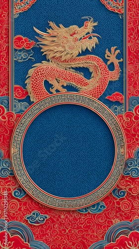Vibrant Chinese Dragon Design on Blue Background With Intricate Red Cloud Pat...